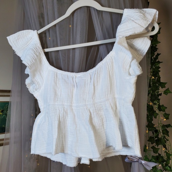 Roxy Gauze Babydoll Crop Top Size M White Puff Sleeve Smocked Summer Beach NWT - Picture 4 of 4
